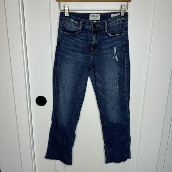Frame Le High Straight Dark Wash Cut Off Distressed Crop Jeans Size 25 - Picture 1 of 6